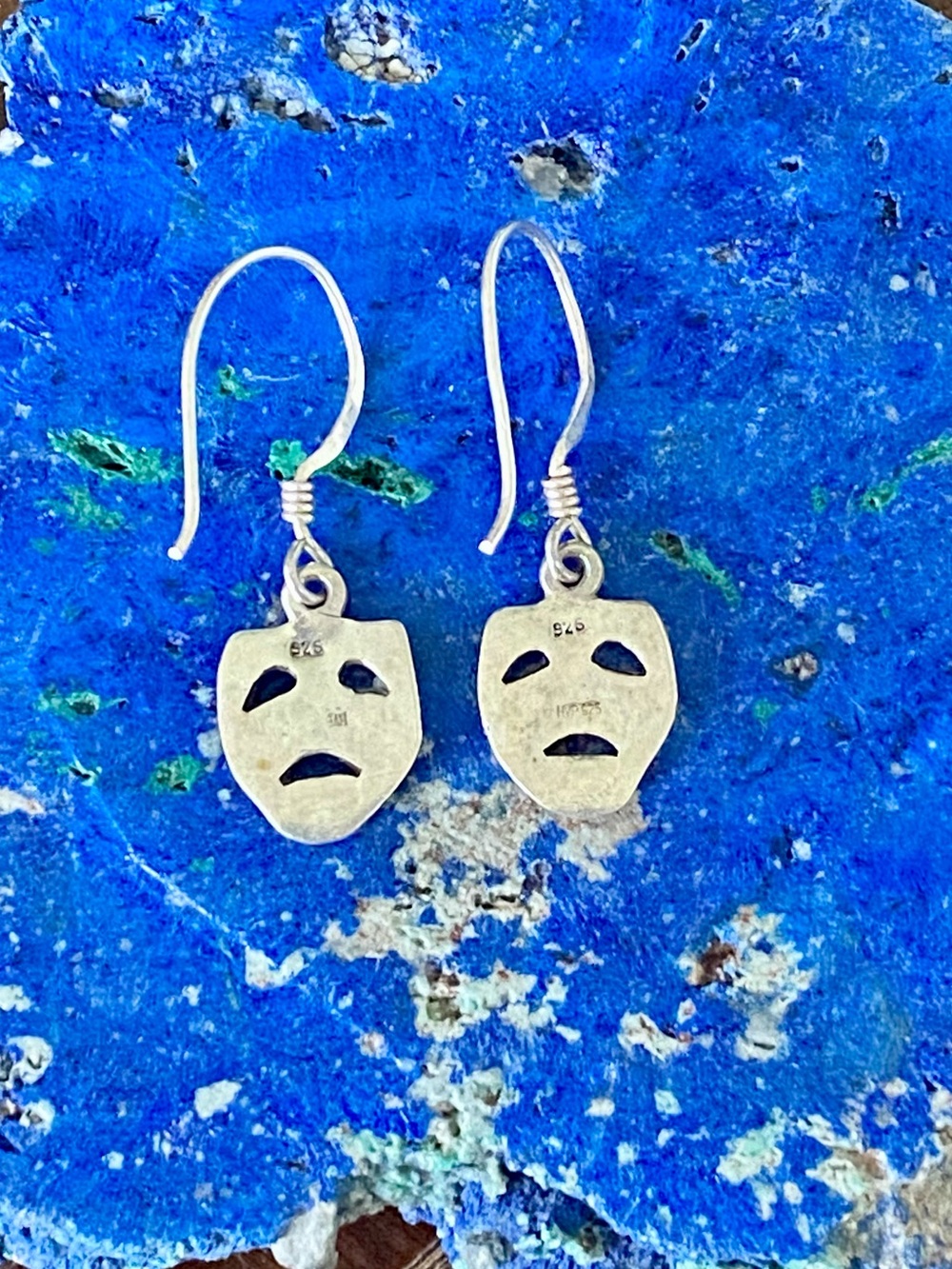 Sterling Silver Theatrical Dramatic Mask Dangle Earrings - Picture 2 of 2